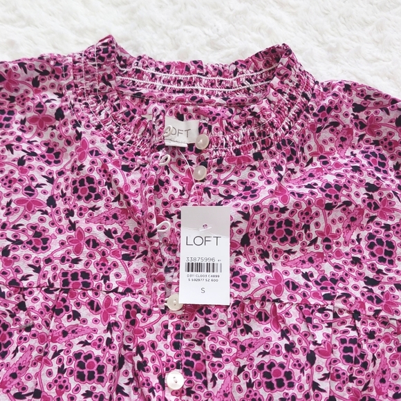 LOFT Pink White Smocked Floral Long Sleeve Cotton Blouse - Size S - Picture 4 of 9